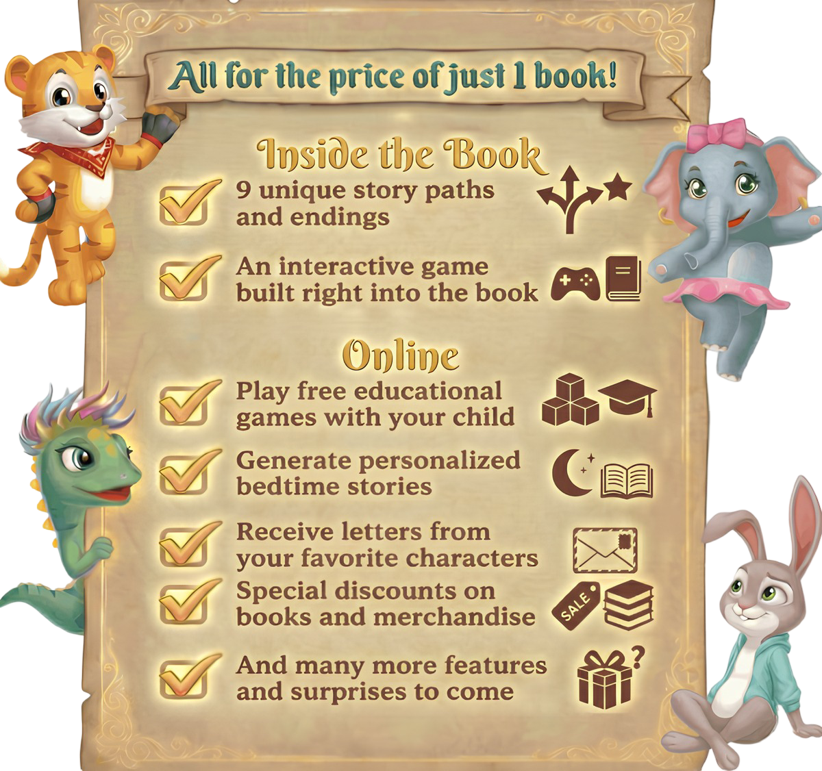 The Twistale Experience - More than just a book. 9 unique story paths and endings, an interactive game built right into the book, play free educational games with your child, generate personalized bedtime stories, receive letters from your favorite characters, special discounts on books and merchandise, and many more features and surprises to come. All for the price of just 1 book!